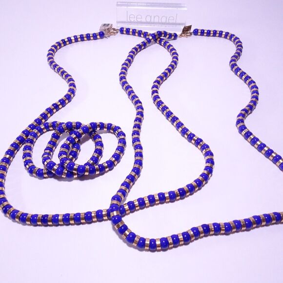 Neiman Marcus Lee Angel Blue Glass Gold Three Layer Bracelet NWT 220 - Picture 5 of 7